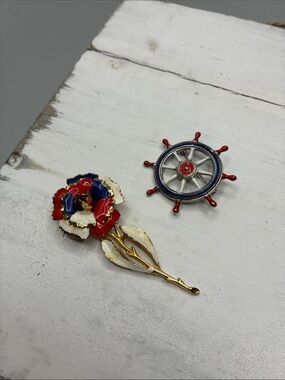 Vintage Brooches Red-White-Blue Lot of 2 Nautical Wheel & Flower